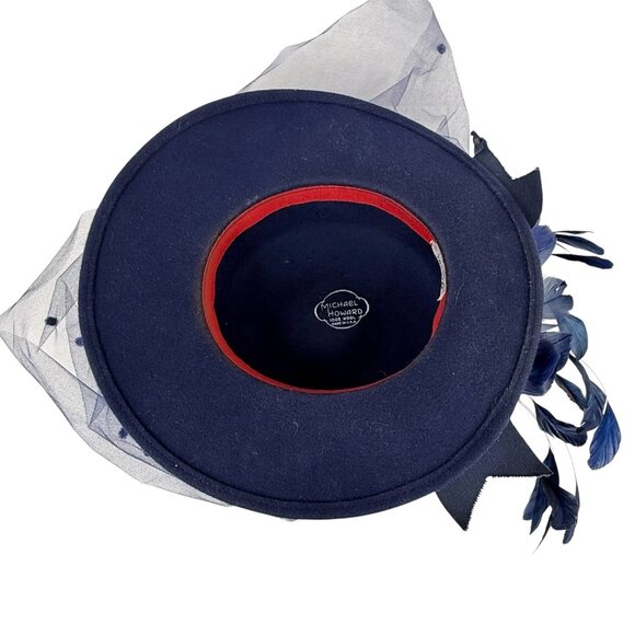 Vintage Womans Michael Howard Georgi Hat Wool Wide Brim Feather Veil Blue Church - Picture 8 of 10